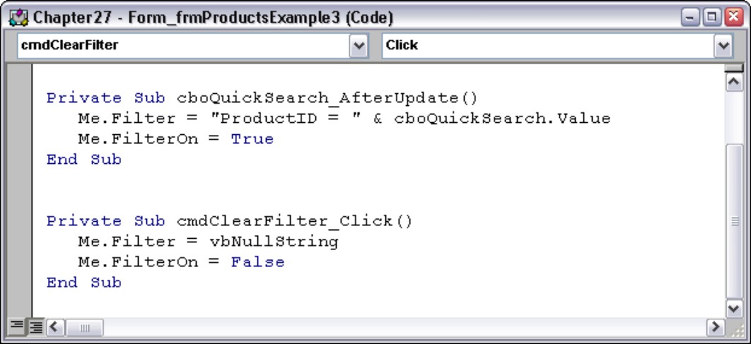 Code for filtering and clearing a filter behind a form